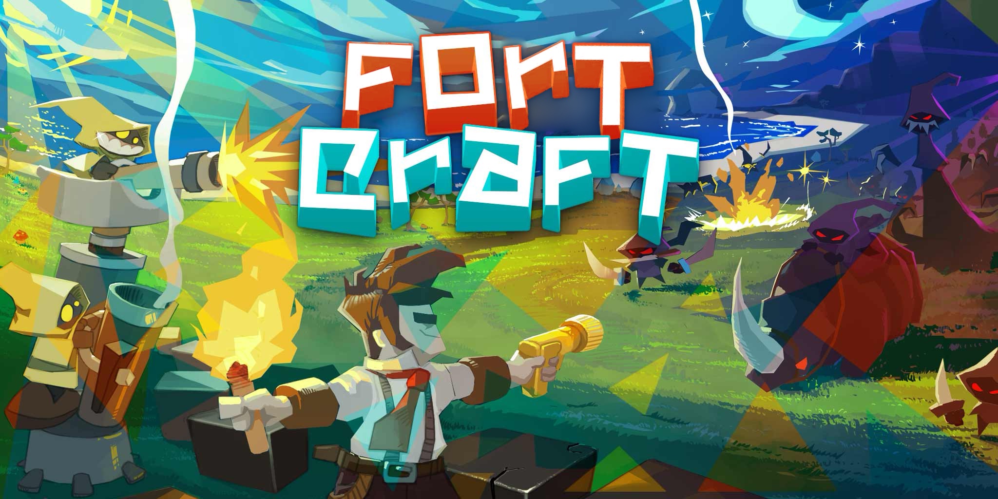 Fortcraft title art: the hero and the Wildlings defending their island from the Ferals